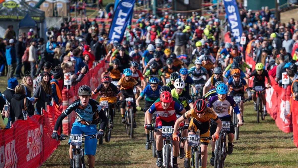 Mountain bike race start line on race day