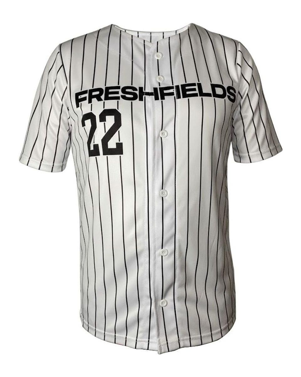 Custom pinstripe sublimated baseball jersey by RUSH Athletic