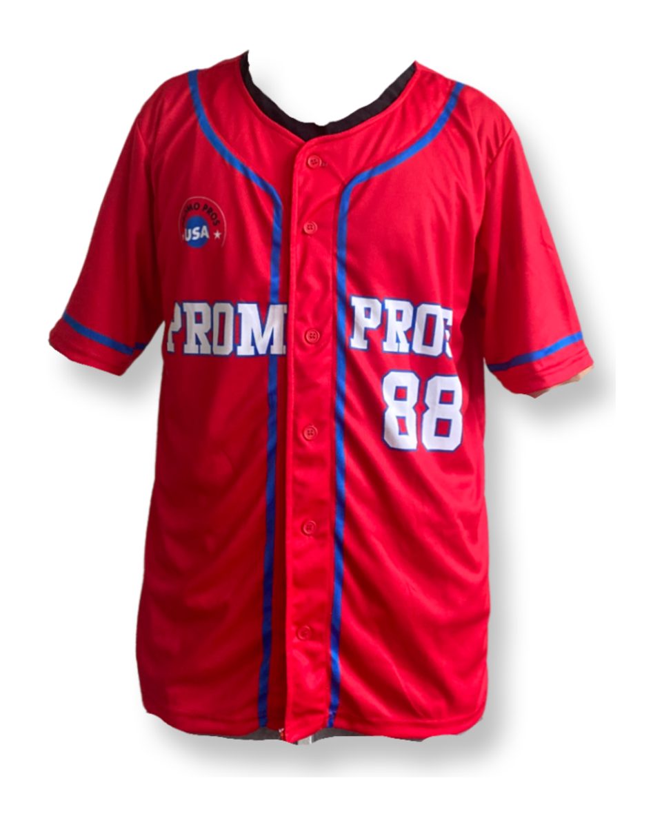 Real custom red full-button baseball jersey made by RUSH Athletic