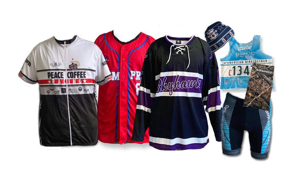 Collage of real custom sublimated apparel made by RUSH Athletic
