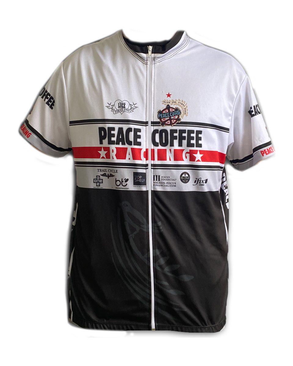Custom Peace Coffee Racing cycling jersey in red and black by RUSH Athletic