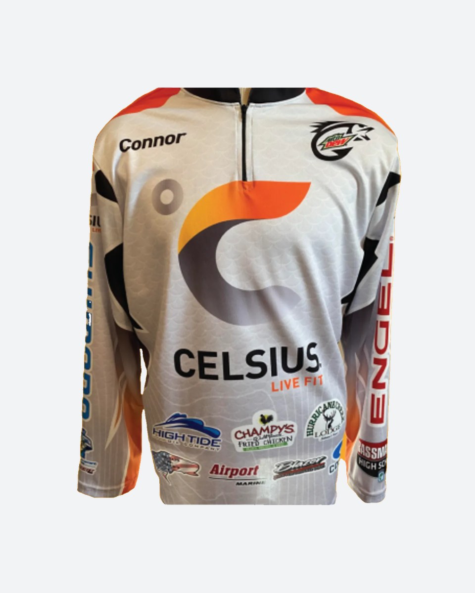 Custom white and gray pro staff fishing jersey by RUSH Athletic