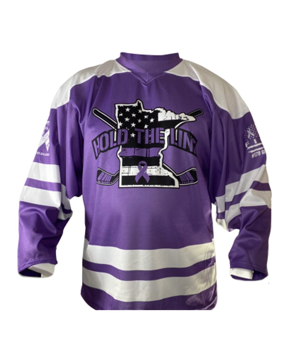 Custom purple and white sublimated hockey jersey by RUSH Athletic
