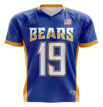 Custom blue and gold raglan sleeve lacrosse jersey with Bears lettering