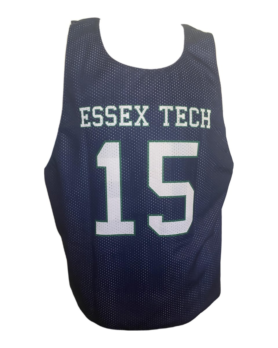 Custom navy reversible mesh lacrosse pinnie with Essex Tech lettering and number 15