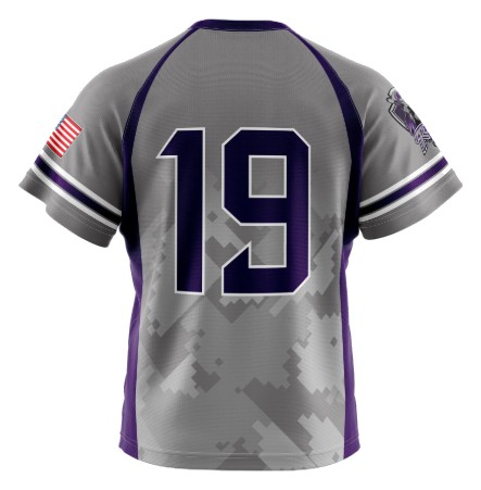 Back of a custom grey and purple raglan sleeve lacrosse jersey with number 19